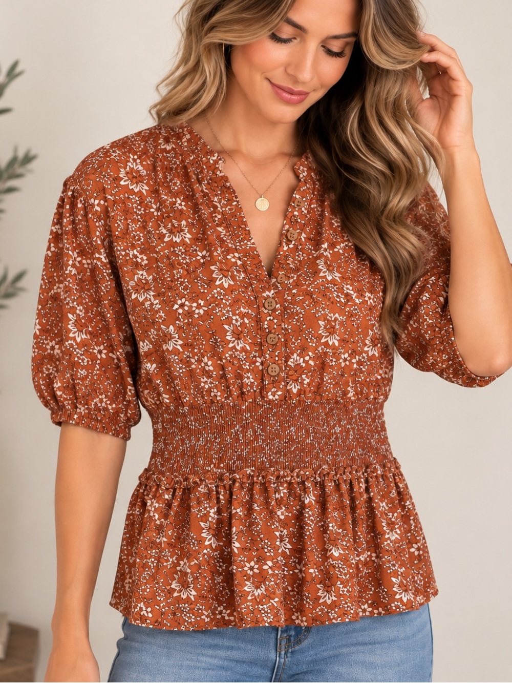 Jessica Simpson Floral Smocked Waist Peplum Top Large Rust Boho